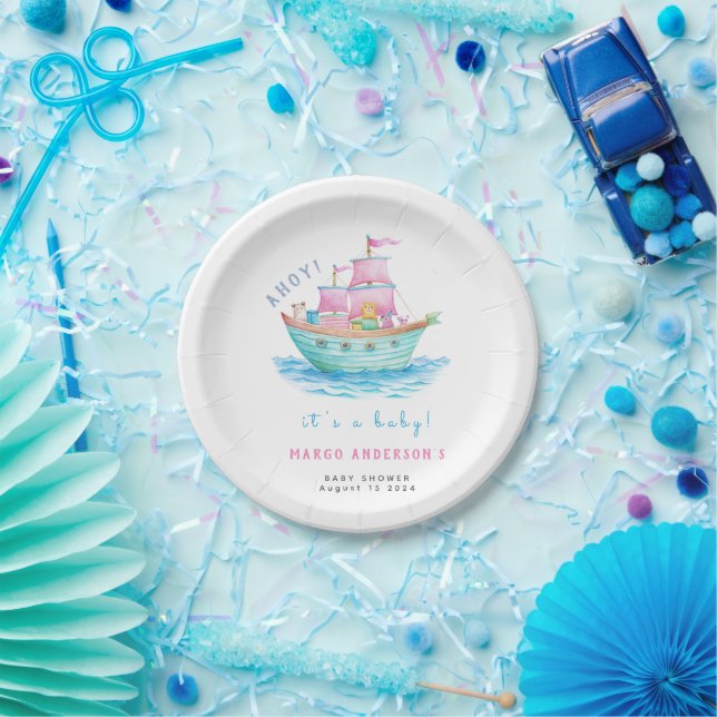 Ahoy It's A Baby Ship Animals Sailboat Baby Shower Paper Plate (Party)