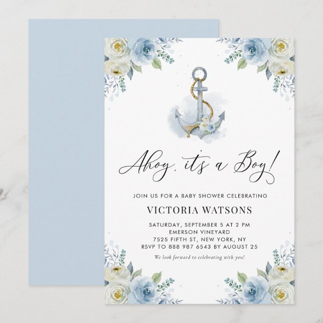 Ahoy It's a Boy Anchor Floral Nautical Baby Shower Invitation (Front/Back)