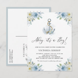 Ahoy It's a Boy Anchor Floral Nautical Baby Shower Invitation Postcard