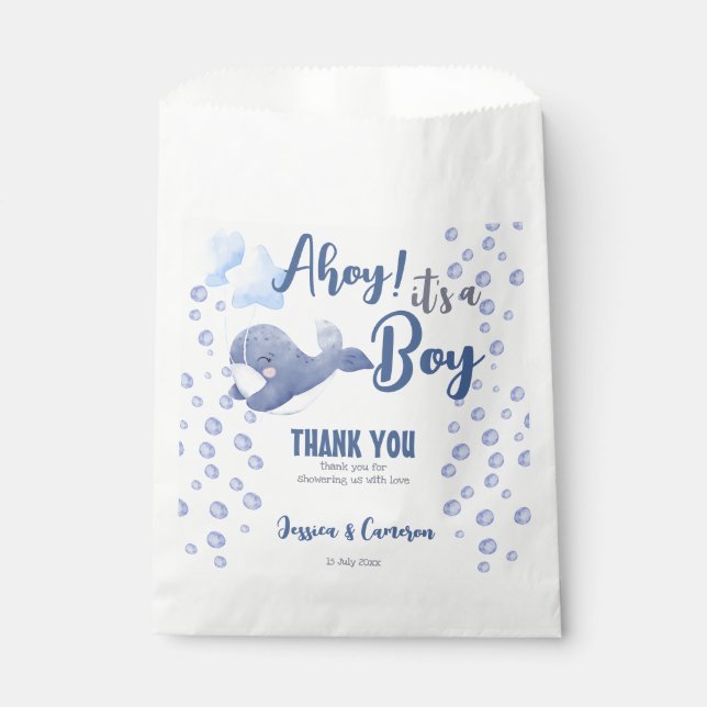 Ahoy it's a boy baby shower blue whale custom favour bag (Front)
