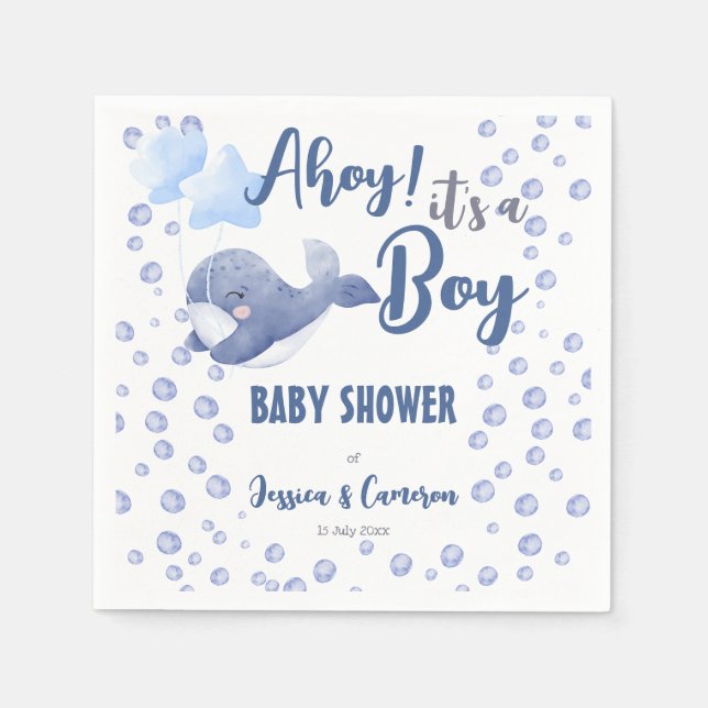 Ahoy it's a boy baby shower blue whale custom napkin (Front)