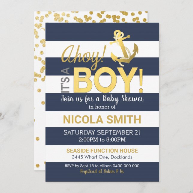 Ahoy it's a Boy Baby Shower Invitation Gold Navy (Front/Back)