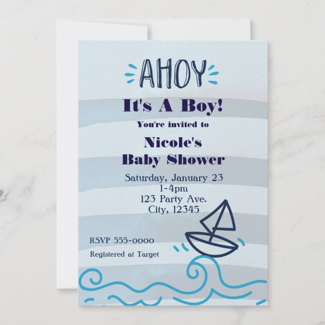 AHOY It's A Boy Baby Shower Nautical Invitations (Front)