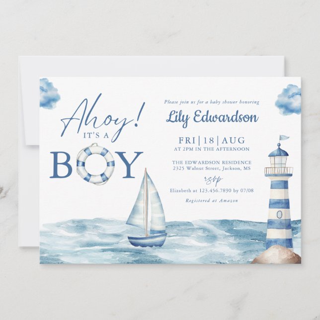 Ahoy Its A Boy Baby Shower Photo QR Code Invitation (Front)