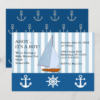 Ahoy It's a Boy Baby Shower Sailing Sepia Blue Invitation