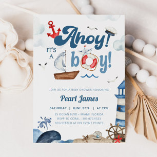 Ahoy It's A Boy Blue and Red Nautical Baby Shower  Invitation