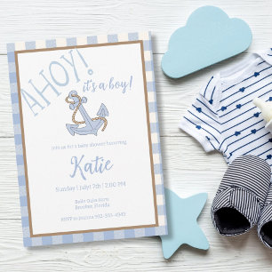 Ahoy it's a boy blue and white baby shower invitation