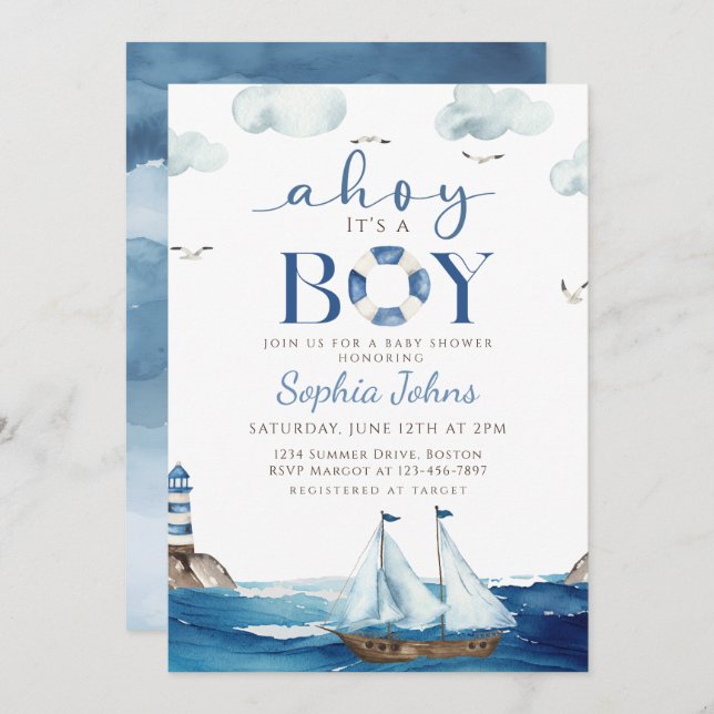 Ahoy It's A Boy Blue Boat Nautical baby shower Invitation (Front/Back)