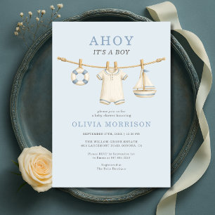 Ahoy It's a Boy Blue Clothesline Baby Shower Invitation