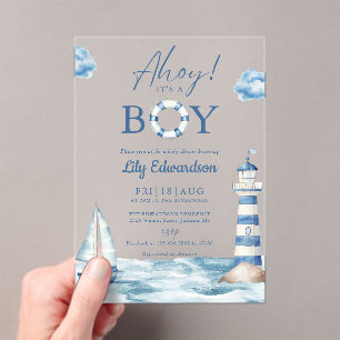 Ahoy Its A Boy Blue Nautical Baby Shower Acrylic Invitations