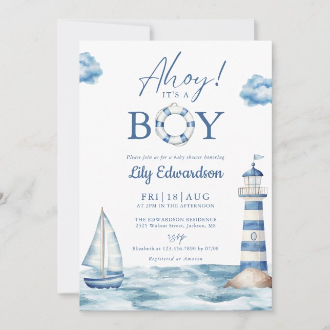 Ahoy Its A Boy Blue Nautical Baby Shower Invitation (Front)