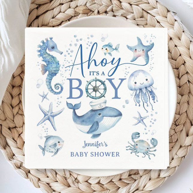 Ahoy It's a Boy Blue Nautical Sailor Baby Shower Napkin (Creator Uploaded)