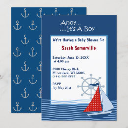 Ahoy It's a Boy Blue Sailboat Baby Shower  Invitation