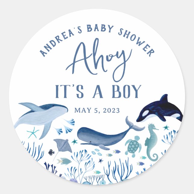 Ahoy It's a Boy Blue Under the Sea Baby Shower Classic Round Sticker (Front)