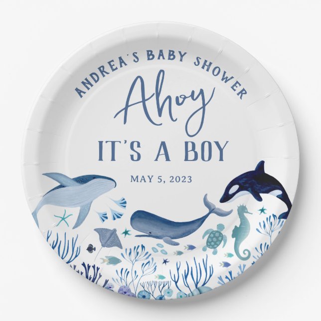 Ahoy It's a Boy Blue Under the Sea Baby Shower Paper Plate (Front)
