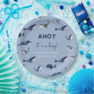 Ahoy It's A Boy Blue Whale Baby Shower Paper Plate