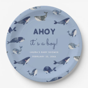 AHOY It's A Boy Blue Whale Baby Shower Paper Plate