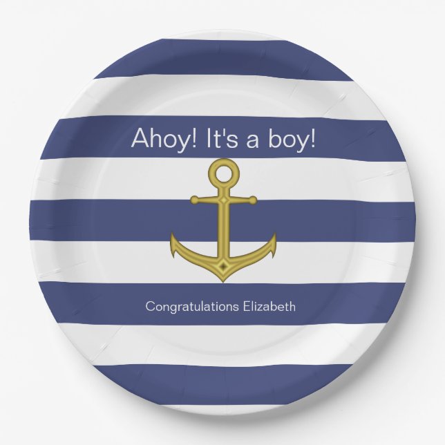 Ahoy! It's a boy! Blue White Nautical Baby Shower Paper Plate (Front)