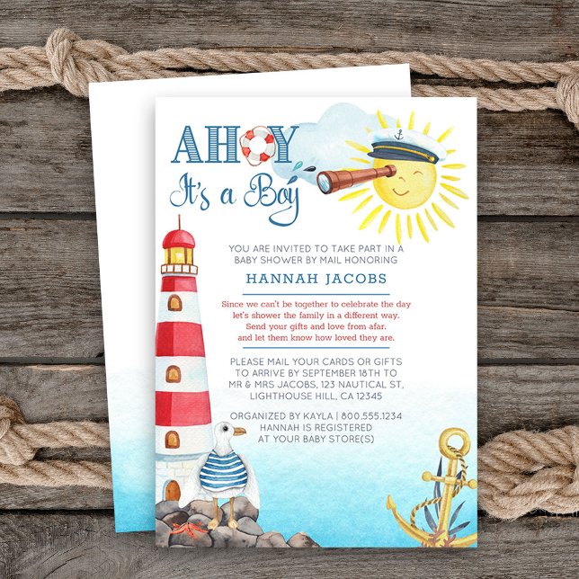 Ahoy it's a Boy Cute Nautical Baby Shower by Mail Invitation (baby shower by mail invitation from my Ahoy it's a boy Nautical Baby Shower collection)