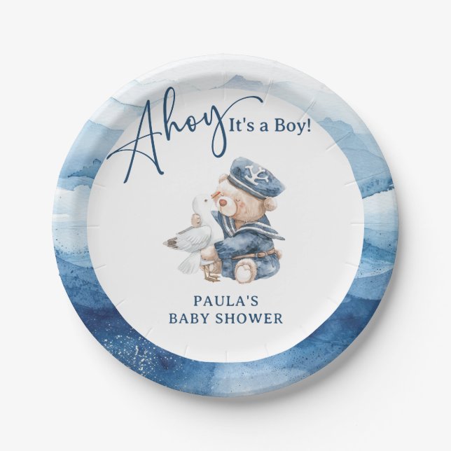 Ahoy It's a Boy Cute Nautical Baby Shower Paper Plate (Front)