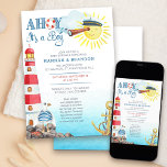 Ahoy it's a Boy Cute Nautical Baby Sprinkle Invitation<br><div class="desc">Cute nautical baby sprinkle invitation, titled "ahoy it's a boy". The design features a lighthouse with sailor seagull and starfish on the rocks; an anchor in the ocean and the sun wearing a captains hat looking through a telescope. Ahoy it's a Boy is decorated with a life buoy and the...</div>