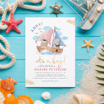 Ahoy It's A Boy Elephant Sailboat Baby Shower Invitation<br><div class="desc">A modern baby shower design featuring a hand-painted illustration of a wooden sailboat floating on blue waves with fluffy clouds and seagulls. There is a bear cub and an elephant sailor! Over the top, it reads "Ahoy!" with "it's a boy!" underneath in gold script lettering. Your event details appear below....</div>
