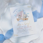Ahoy It's A Boy Elephant Sailboat Baby Shower Invitation<br><div class="desc">A modern baby shower design featuring a hand-painted illustration of a wooden sailboat floating on blue waves with fluffy clouds and seagulls. There is a bear cub and an elephant sailor! Over the top, it reads "Ahoy!" with "it's a boy!" underneath in gold script lettering. Your event details appear below....</div>
