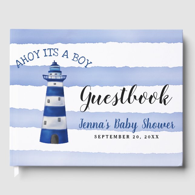 Ahoy Its A Boy Lighthouse | Nautical Baby Shower Guest Book (Front)