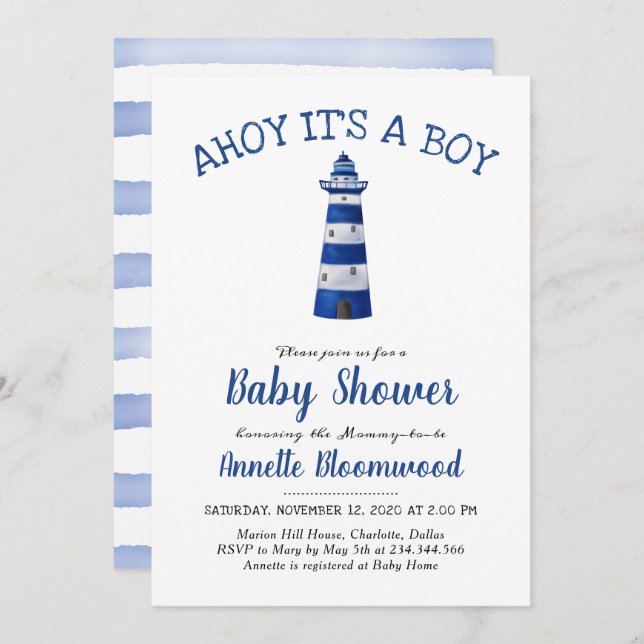 Ahoy Its A Boy Lighthouse | Nautical Baby Shower Invitation (Front/Back)