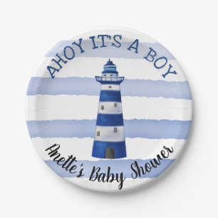 Ahoy Its A Boy Lighthouse Nautical Baby Shower Paper Plate