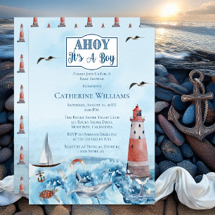 Ahoy It's A Boy Lighthouse Ocean Baby Shower Invitation