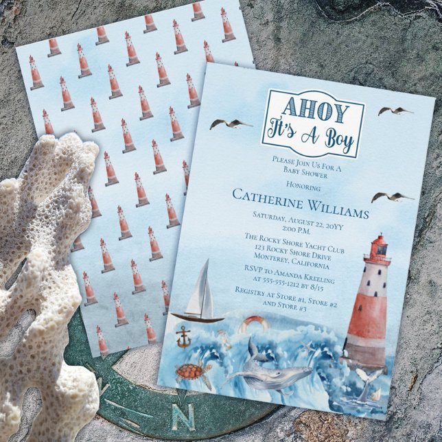 Ahoy It's A Boy Lighthouse Ocean Baby Shower Invitation (Creator Uploaded)
