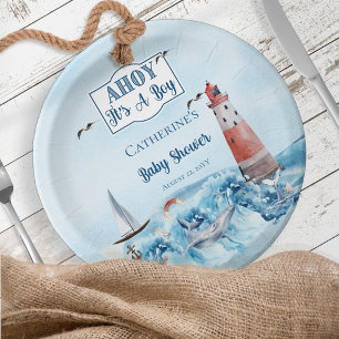 Ahoy It's A Boy Lighthouse Ocean Baby Shower Paper Plate