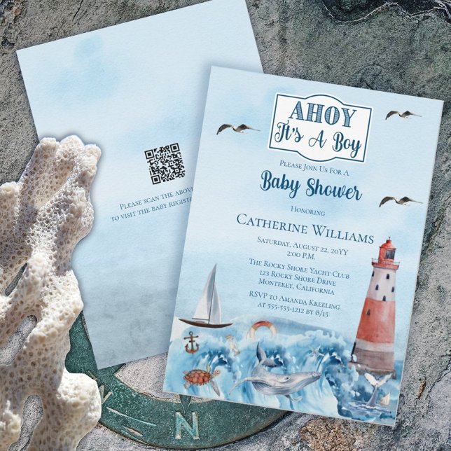 Ahoy It's A Boy Lighthouse Ocean Baby Shower QR Invitation (Creator Uploaded)