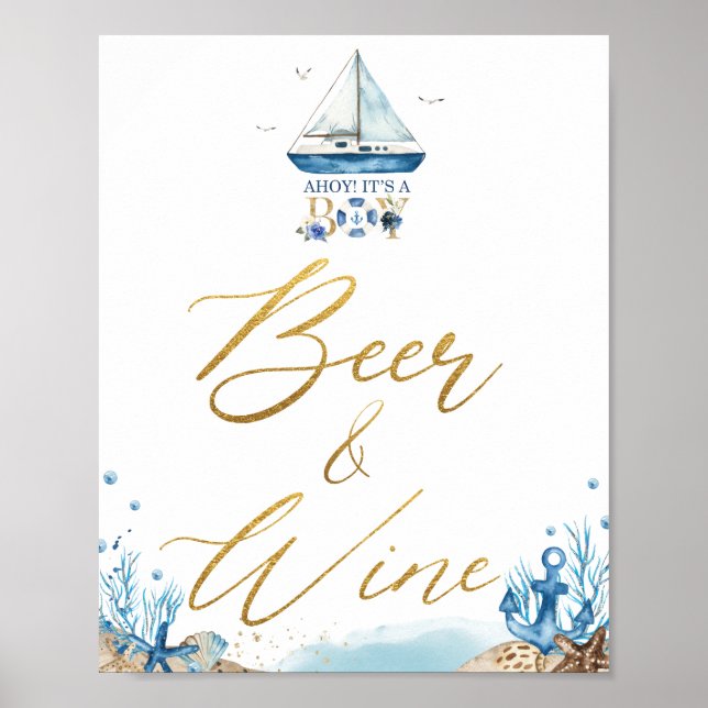 Ahoy It's a Boy Nautical Baby Shower Beer Wine  Poster (Front)