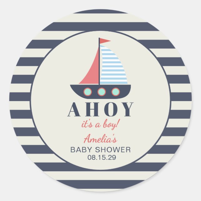 Ahoy It's a Boy Nautical Baby Shower  Classic Round Sticker (Front)