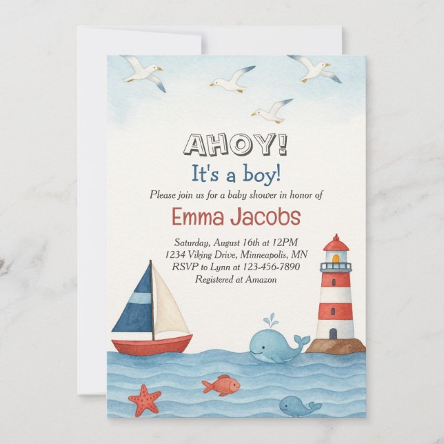 Ahoy It's a Boy Nautical Baby Shower Invitation (Front)