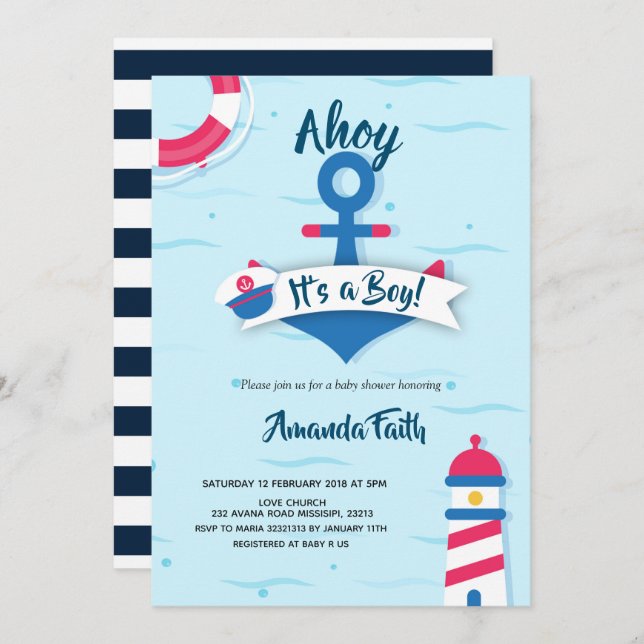 Ahoy it's a boy nautical Baby Shower Invitation (Front/Back)