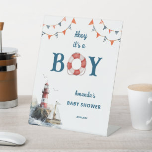 Ahoy It's a Boy Nautical Baby Shower Pedestal Sign