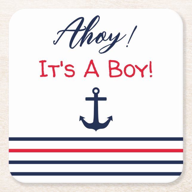 Ahoy It's A Boy! Nautical Baby Shower Square Paper Coaster (Front)