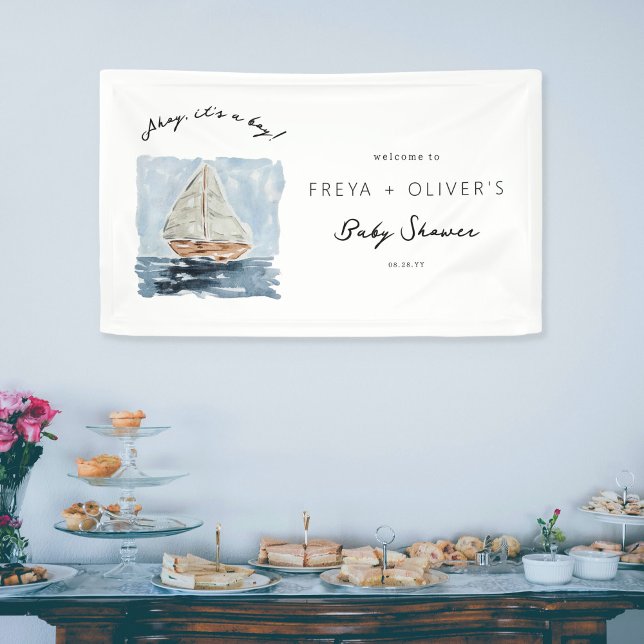 Ahoy It's A Boy Nautical Baby Shower Welcome Sign (Ahoy, it's a boy! Nautical watercolor sailboat baby shower banner.)