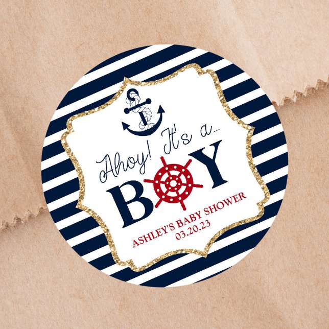 Ahoy It's A Boy Nautical Blue Baby Shower Favour Classic Round Sticker (Creator Uploaded)