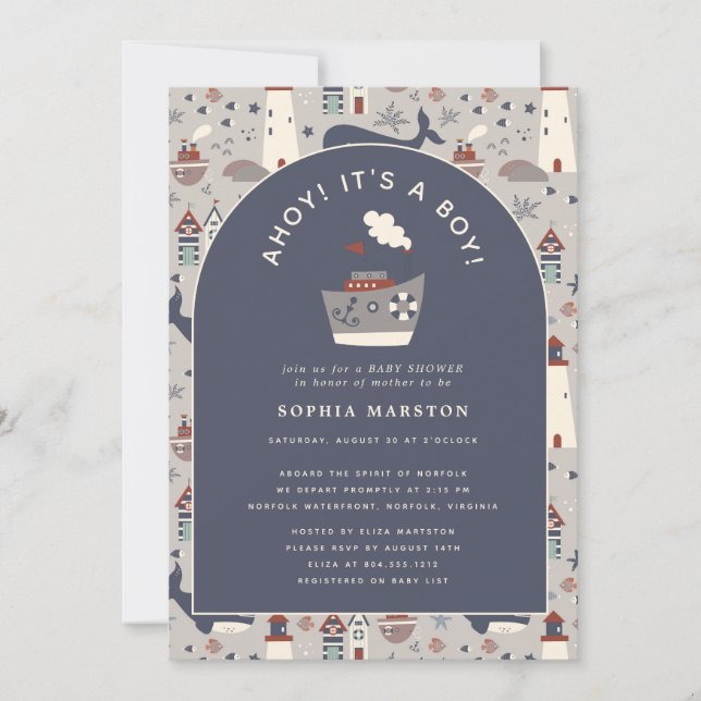 Ahoy It's a Boy Nautical Blue Baby Shower  Invitation (Front)