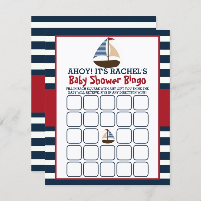 Ahoy It's A Boy! Nautical Boat Baby Shower Bingo (Front/Back)