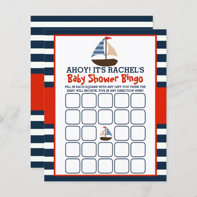 Ahoy It's A Boy! Nautical Boat Baby Shower Bingo (Front/Back)