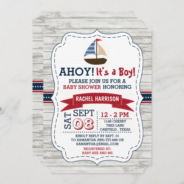 Ahoy It's A Boy! Nautical Boat Baby Shower Invites (Front/Back)