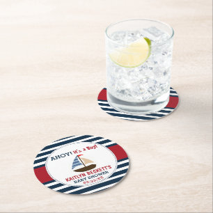 Ahoy It's A Boy! Nautical Boat Baby Shower Round Paper Coaster