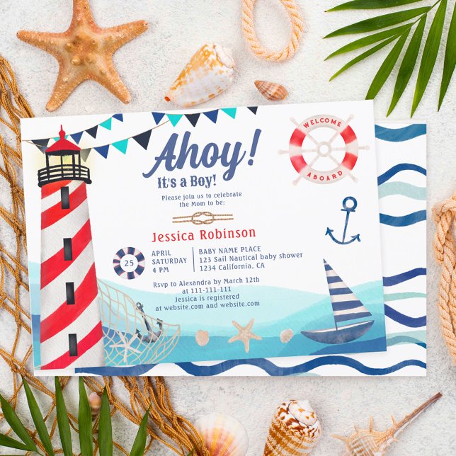 Ahoy it's a boy nautical boat blue red baby shower invitation (Creator Uploaded)