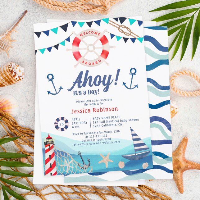 Ahoy it's a boy nautical boat blue red baby shower invitation (Creator Uploaded)