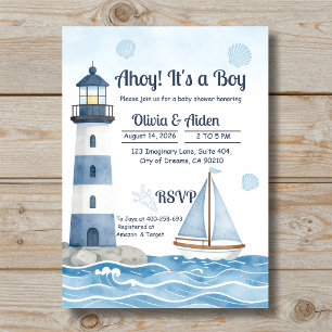 Ahoy It's a Boy Nautical Lighthouse Baby Shower Invitation